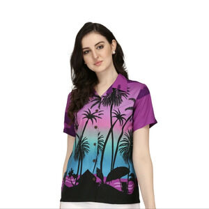 Alvish Womens Purple Hawaiian print shirt size Large